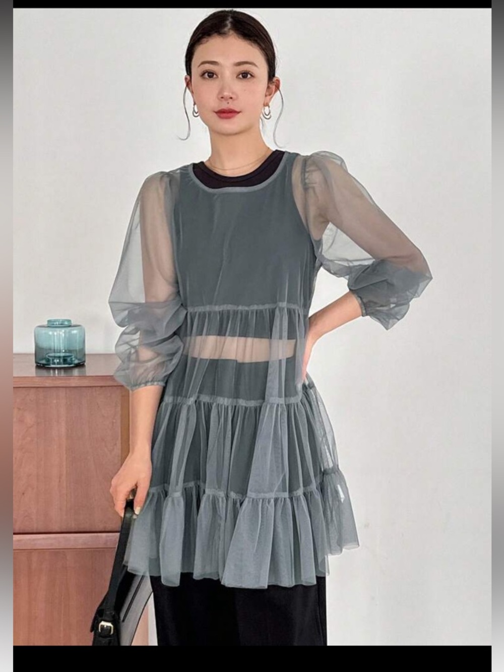 Sheer Layered Grey Puff-Sleeve Dress